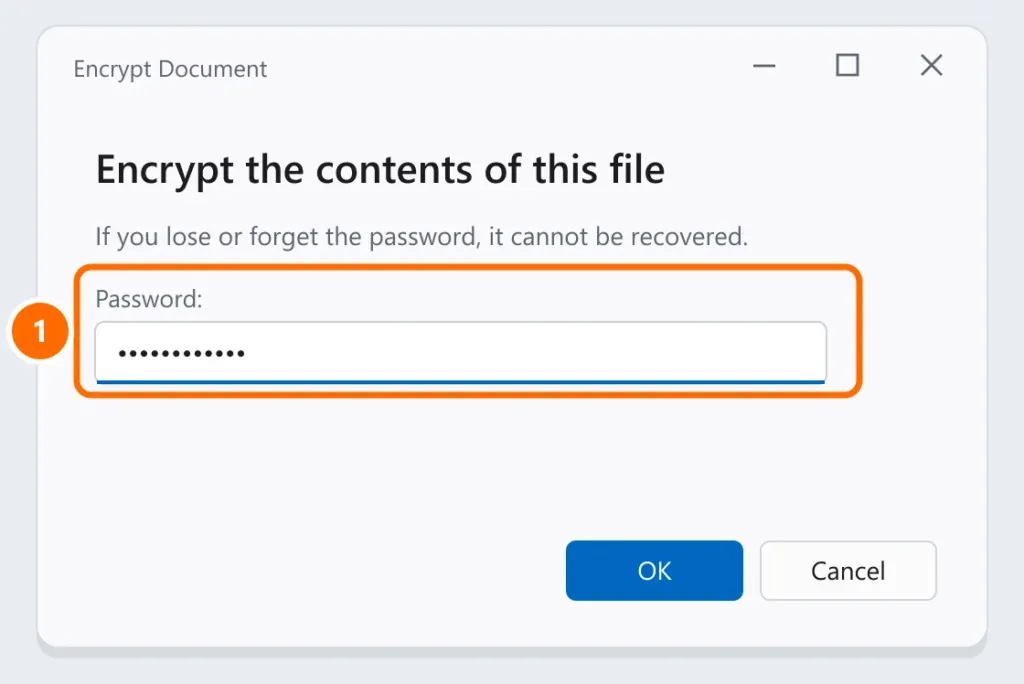 Word’s Encrypt Document window with the password field highlighted