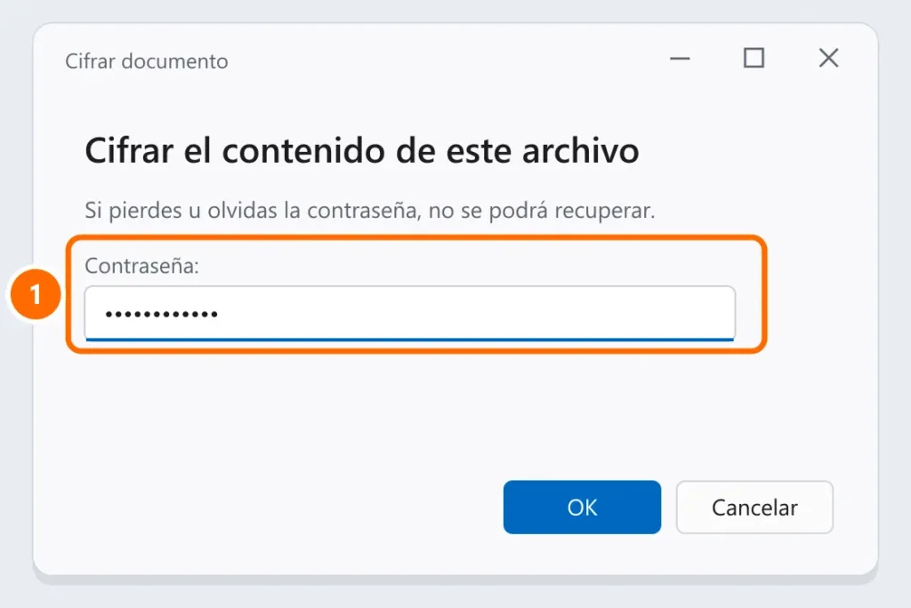 Ventana Cifrar documento de Word con el campo de contraseña destacado