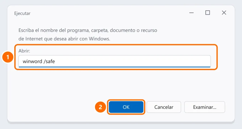 Cuadro Ejecutar con el comando winword /safe destacado