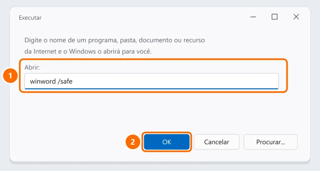 Caixa Executar com o comando winword /safe destacado