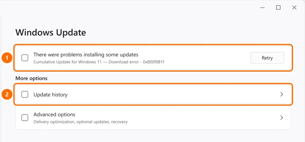 Windows Update showing error 0x800f081f with the Retry button and Update history highlighted