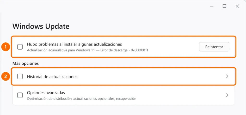 Windows Update mostrando el error 0x800f081f con el botón Reintentar y el Historial de actualizaciones destacados