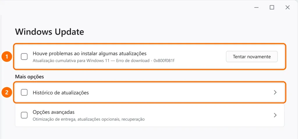 Windows Update mostrando erro 0x800f081f com o botão Tentar novamente e o Histórico de atualizações destacados
