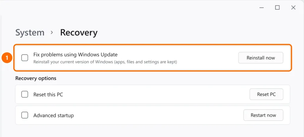 Windows 11 Recovery page with Fix problems using Windows Update and the Reinstall now button highlighted