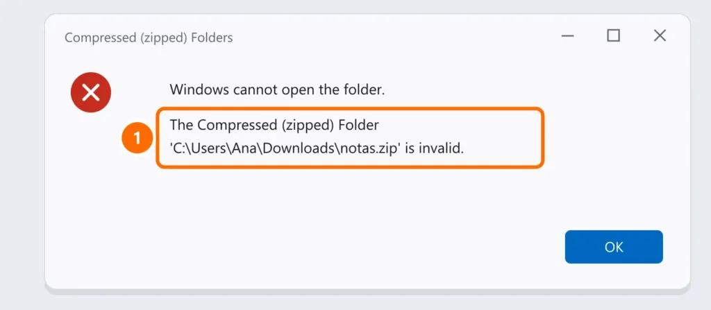 Windows error: cannot open the folder, the Compressed (zipped) Folder is invalid