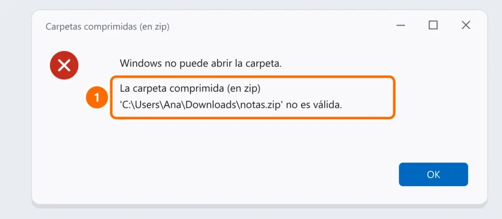 Error de Windows: no puede abrir la carpeta, la carpeta comprimida (en zip) no es válida