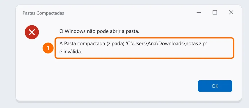 Erro do Windows: não pode abrir a pasta, a Pasta compactada (zipada) é inválida